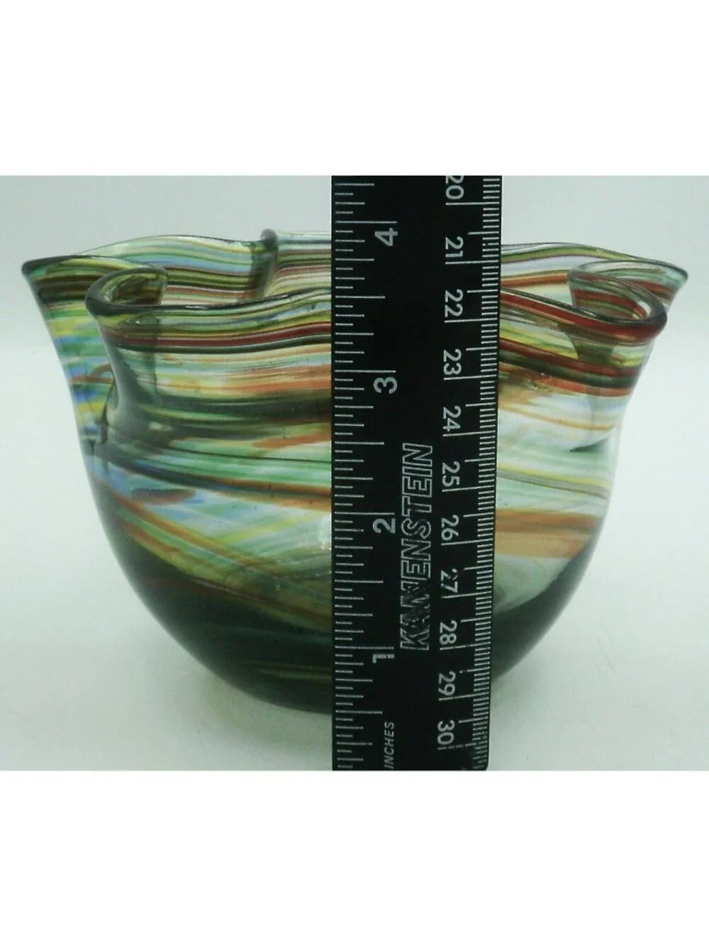 Hand Blown Art Glass Handkerchief Bowl Rainbow Swirl Ruffled  Edge Bowl